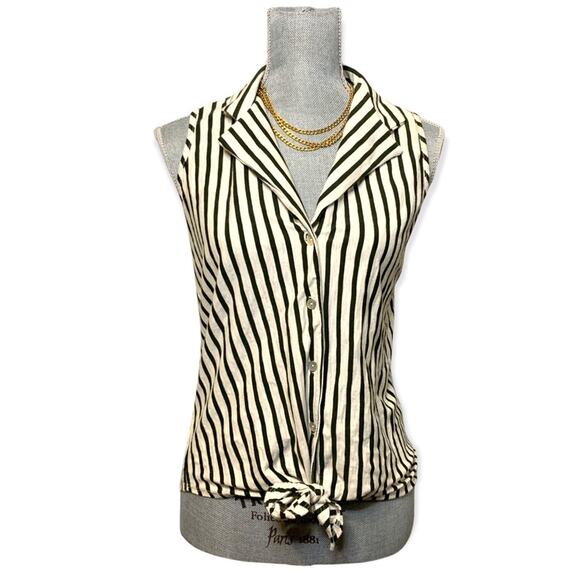 Kim & Cami Green and White Stiped Collar Button Up Tank Small - Picture 1 of 12